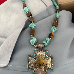 Turquoise and Brown Beaded Necklace with Cross Pendant